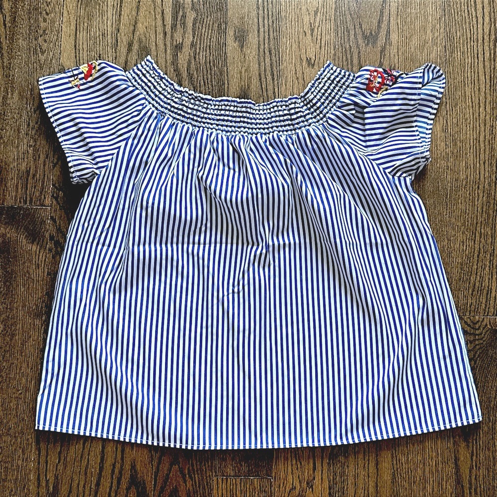 Stella Tweed‎ Women's XL Off-Shoulder Blue Striped Floral Embroidered Blouse